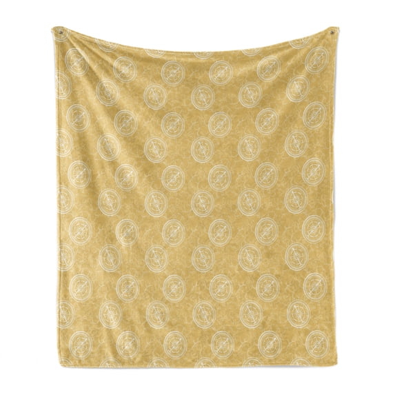 Compass Soft Flannel Fleece Blanket, Repetitive Pattern with Outline Drawn Old Nautical Map and Navigation Tool Print, Cozy Plush for Indoor and Outdoor Use, 50" x 70", Mustard White, by Ambesonne