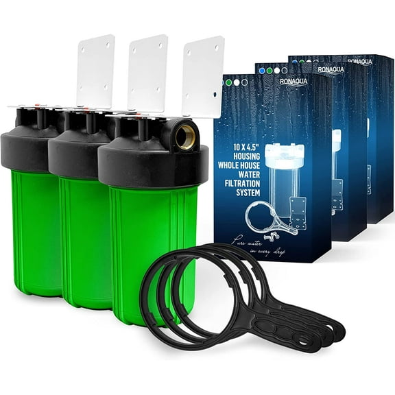 High Capacity 10 x 4.5” Whole House Filter Purifier System for Well or City Water, Presser Relief Button, 1” NPT Brass Port, Double O-ring, Meets NSF Standards & Regulations (Green, 3 Sets)