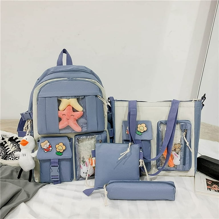 DanceeMangoos 4Pcs Kawaii Canvas School Backpack with Pendant