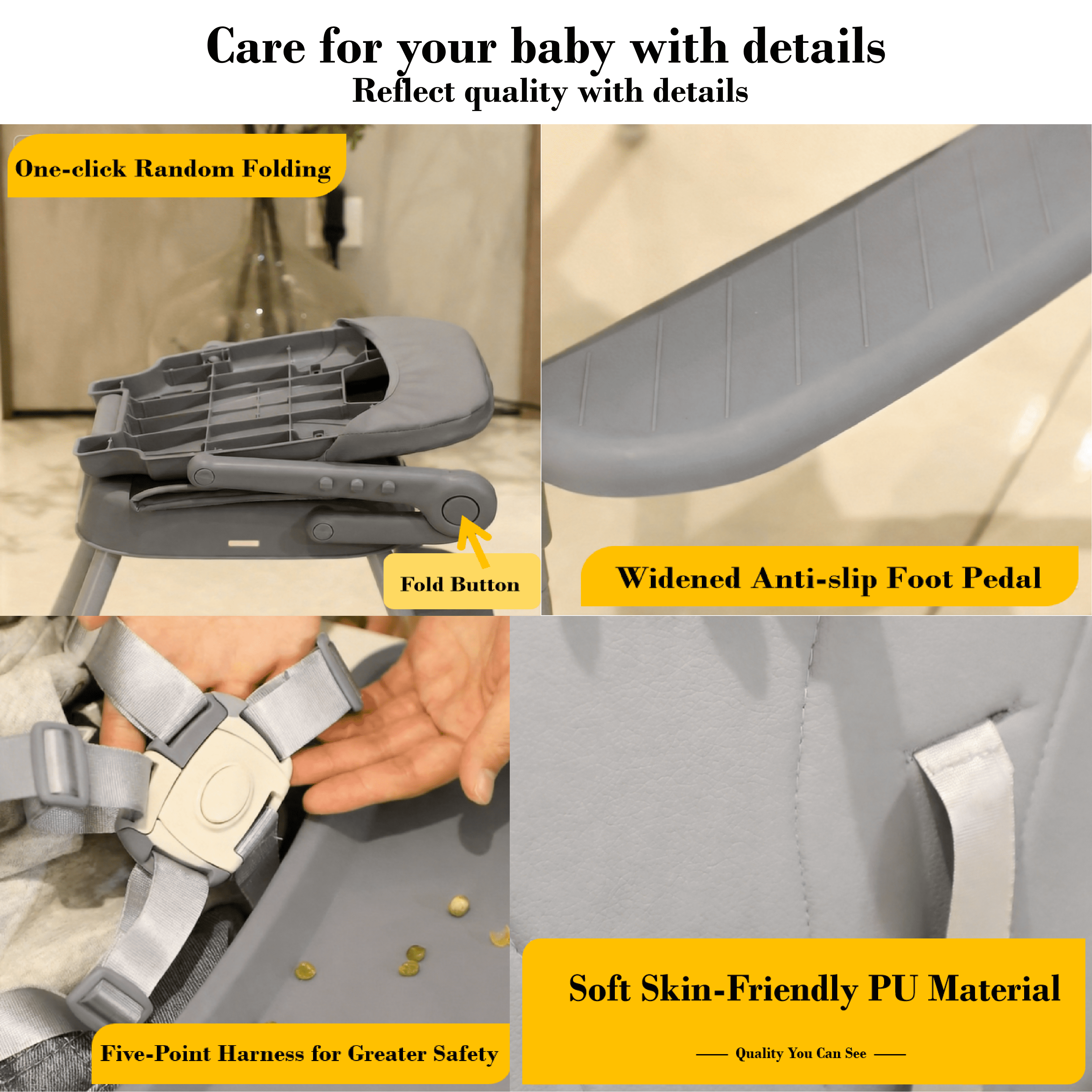 4 in 1 Portable Baby High Chair, Lightweight Toddler Booster Seat,Infant Feeding Chair, Easy Fold & Carry, Stable Design for Growing Baby,Grey
