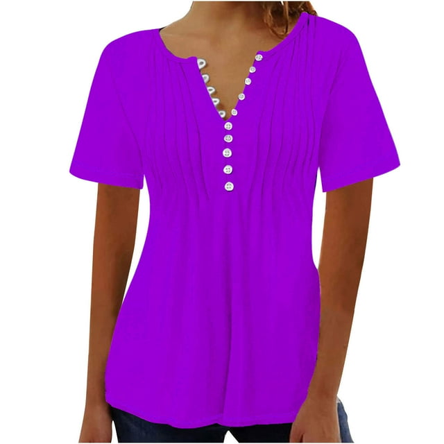 Timegard Hauts d'Été pour Femmes Grande Taille Plissés Col en V Manches Courtes T-Shirts Confortables Tunique Décontractée