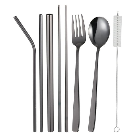 8pcs Stainless Steel Tableware Set Outdoor Portable Spoon Fork Chopsticks Straws Dinnerware Kit (Black, with Black Bag)