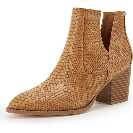 

Womens Ankle Boots Slip On Cutout Pointed Toe Snakeskin Chunky Stacked Mid Heel Booties