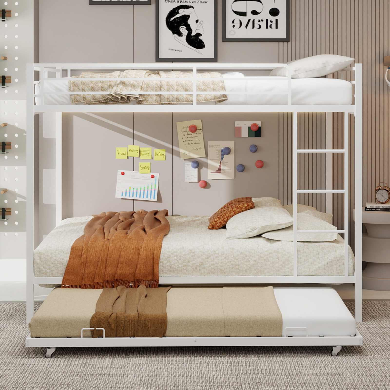 Miniyam Metal Queen over Queen Bunk Bed with Trundle, Space Saving Bunk Bed Frame with Ladder and Guardrails for Dorm, Apartment, White