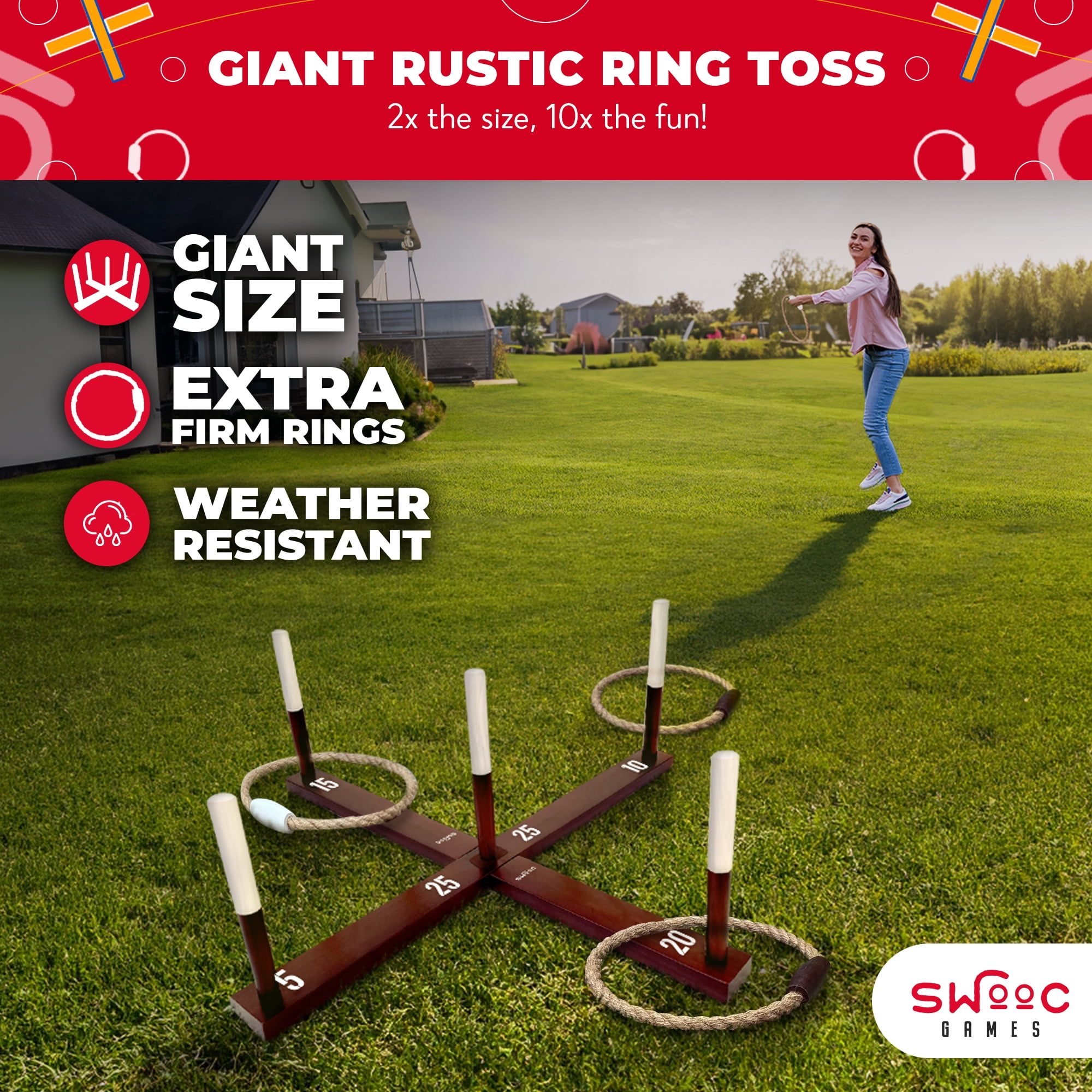 SWOOC Games - XL Ring Toss Game (3ft x 3ft) All Weather - New Zealand Pine - 15+ Games Included - Yard Games for Adults - Kids Outdoor Games for Adults and Family - Backyard Games - Lawn Games Adults