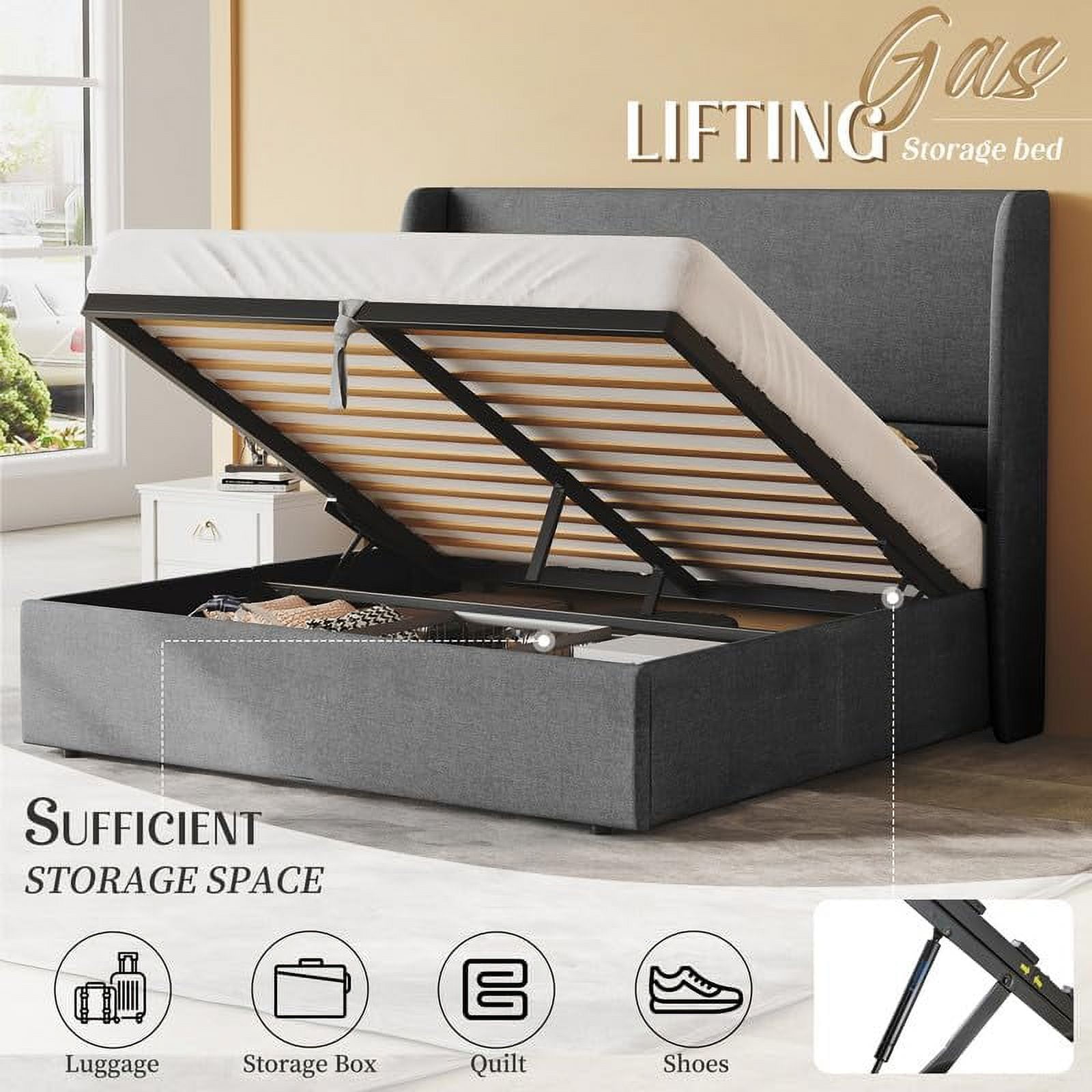 VanAcc Lift up Storage Bed Queen Size Upholstered Platform Bed Frame, Modern Wingback Headboard, No Box Spring Needed, Light Grey