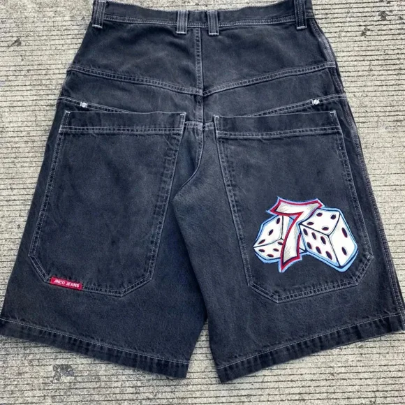 Hip Hop Vintage JNCO Number 7 Dice Graphic Embroidered Jeans Shorts Men Women Baggy Black Denim Shorts Y2K Gothic Knee Pants LT