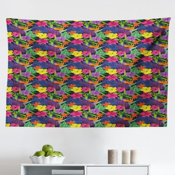 Pineapple Tapestry, Hawaiian Nature Theme with Pale Pink Hibiscus and Pineapples Among Green Leaves, Fabric Wall Hanging Decor for Bedroom Living Room Dorm, 2 Sizes, Multicolor, by Ambesonne