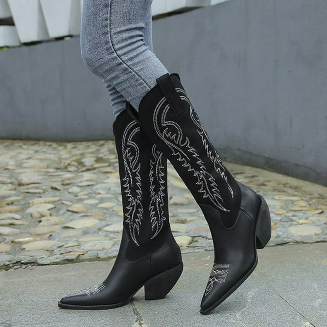 HKEJIAOI Cuissardes Bottes Chaussures pour Femmes Motif Rétro en Relief Talon Moyen Fermeture Éclair Mode Cuir Hautes Bottes