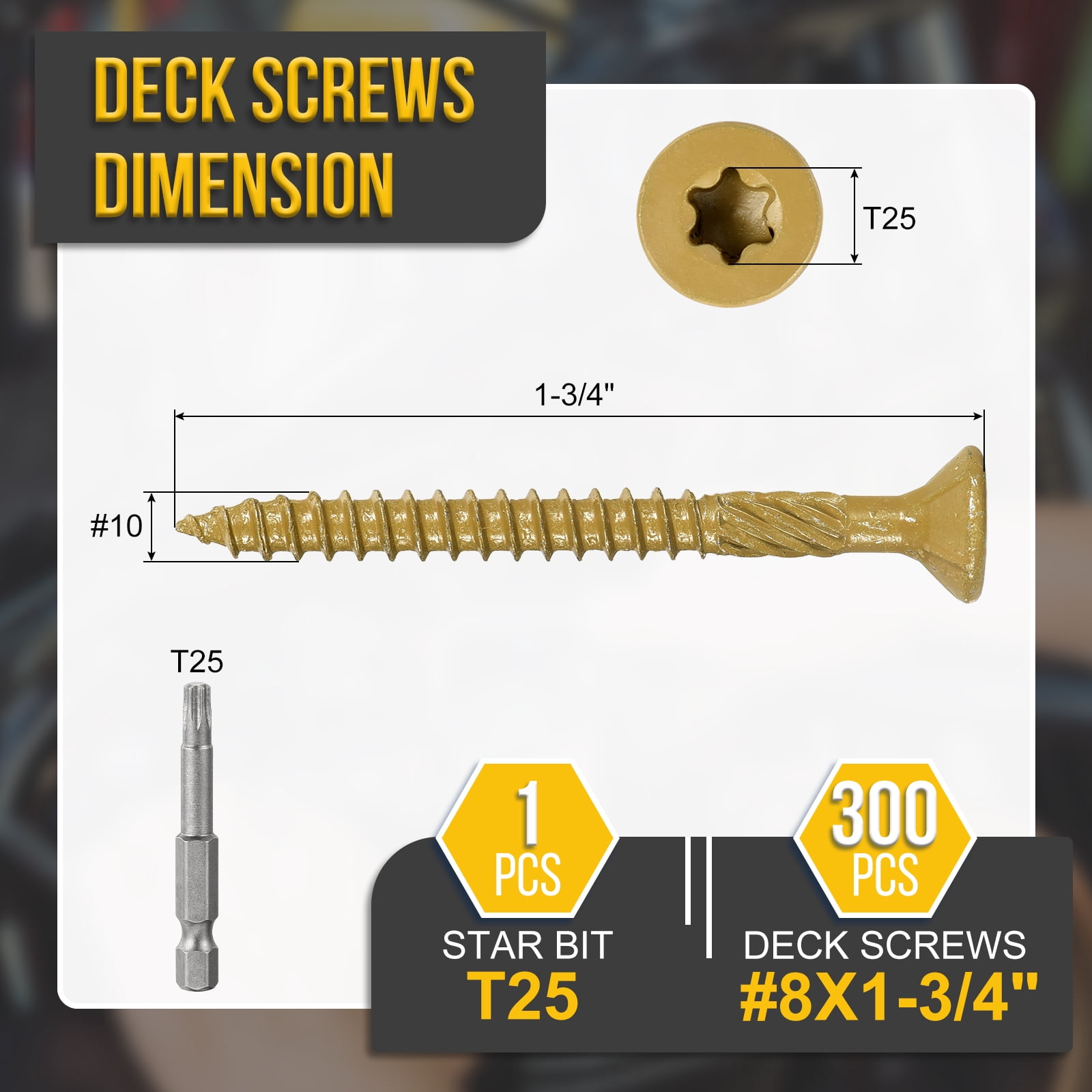 #8x1-3/4" Deck Screws - 300Pack - Good for Decks, Fences, Frames, Farms, Outdoor Furniture - Carbon Steel Wood Screws Decking Screws W/ T25 Torx Star Drive Bit - Tan