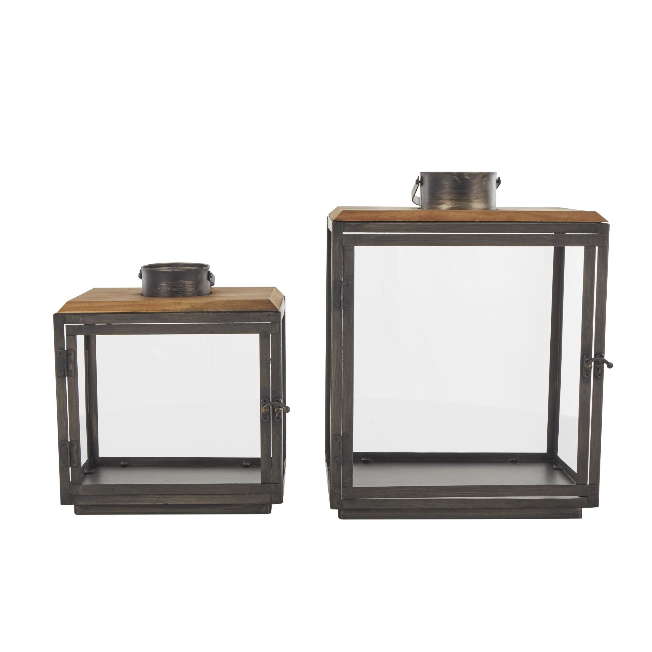DecMode 2 Holder Dark Gray Metal Brushed Rectangular Candle Lantern with Brown Wood Tops, Set of 2