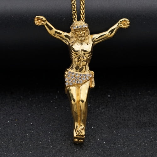 New Religious Jesus Cross Necklace for Men Fashion 14K Yellow Gold Cross Pendent with rhinestone Jewelry Gifts for Men Pendant