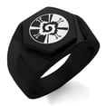 thumbnail image 1 of Stainless Steel Mayan Hunab Ku Rune Engraved Hexagon Crest Flat Top Biker Style Polished Ring, 1 of 1