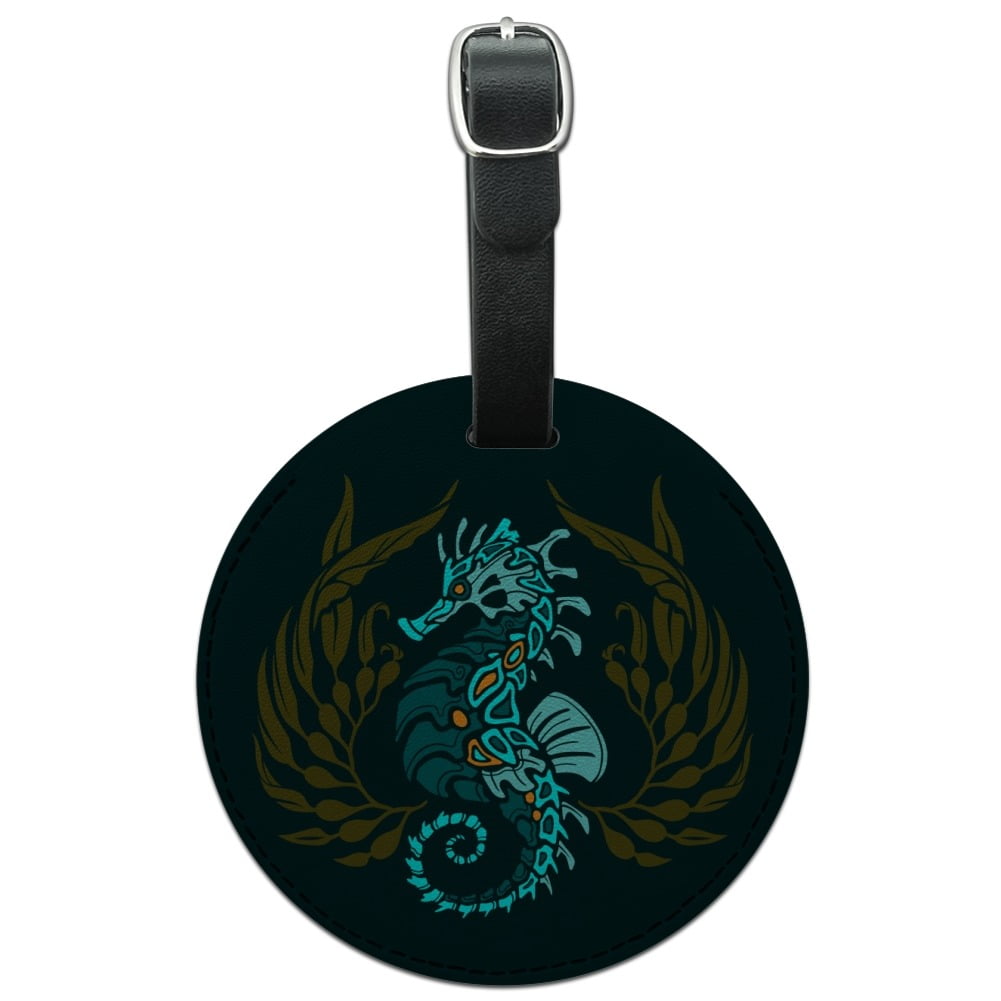 Blue Seahorse with Kelp Round Leather Luggage Card Suitcase CarryOn ID