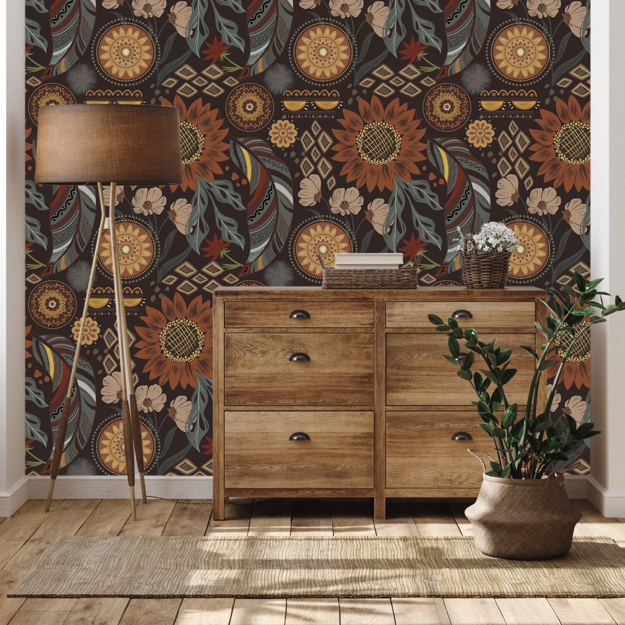 Abyssaly 17.7" x 393.7" Floral Peel and Stick Wallpaper Boho Wallpaper Removable Vintage Flower Contact Paper Retro Mural for Wall Decor Bedroom Bathroom
