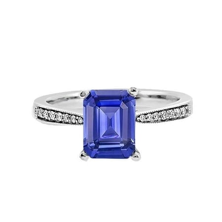 Harry Chad Enterprises 67292 2.50 CT Solitaire Emerald Blue Sapphire Ring with Diamond Accents, Size 6.5