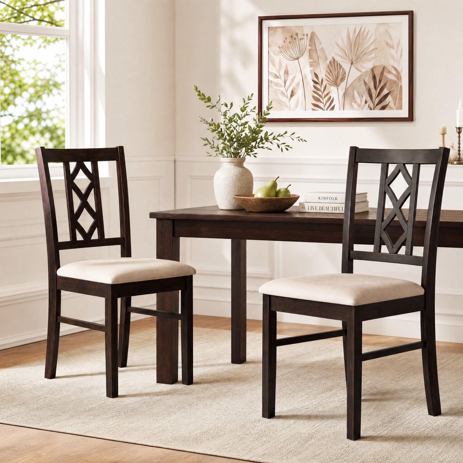 Furnibear Rubber Wood Dining Room Chairs Set of 2 with Hollowed Backrest and Padded Faux Linen Fabric Seat for Kitchen, Brown