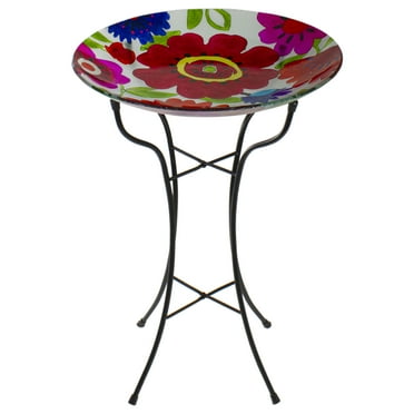 Northlight 18” Red and Blue Summer Flowers Hand Painted Glass Outdoor Patio Birdbath