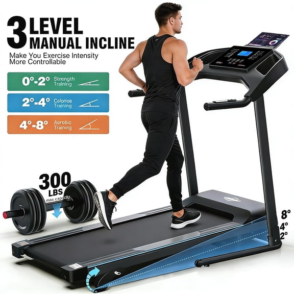 Portable Folding Treadmill with Adjustable Incline,3.0HP Running Machine for Home 0.6-7.5MPH Speed Range,300 lb Capacity,12 3 Programs