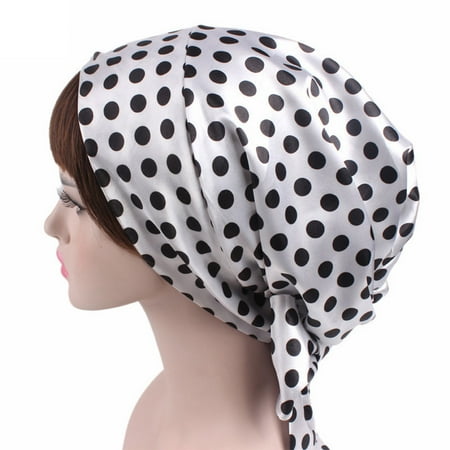 Hot Soft Bonnet Replacement - Women Fashion Printing Soft Satin Sleeping Cap Salon Bonnet with Long Drawstring White black dot