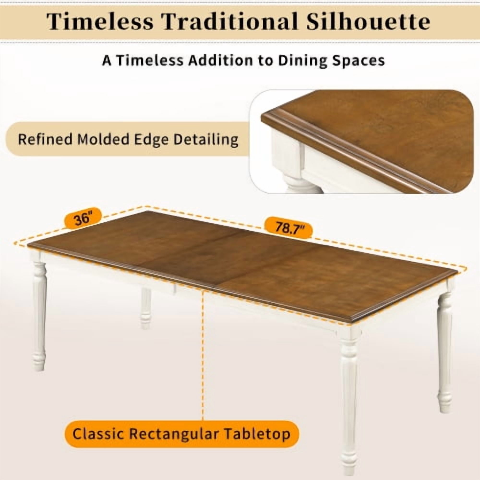 78.7" Traditional Rectangular Dining Table with Framed Wood Top & Turned Rubberwood Legs, Natural