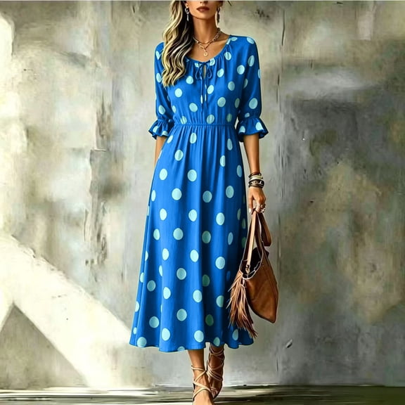 Dolkfu Keyhole Neck Dresses for Women Trendy Blue 3/4 Sleeve Waist Cinched Long-Length Fit & Flare Dresses Polka Dot Vacation Relaxed Fit Blue,L