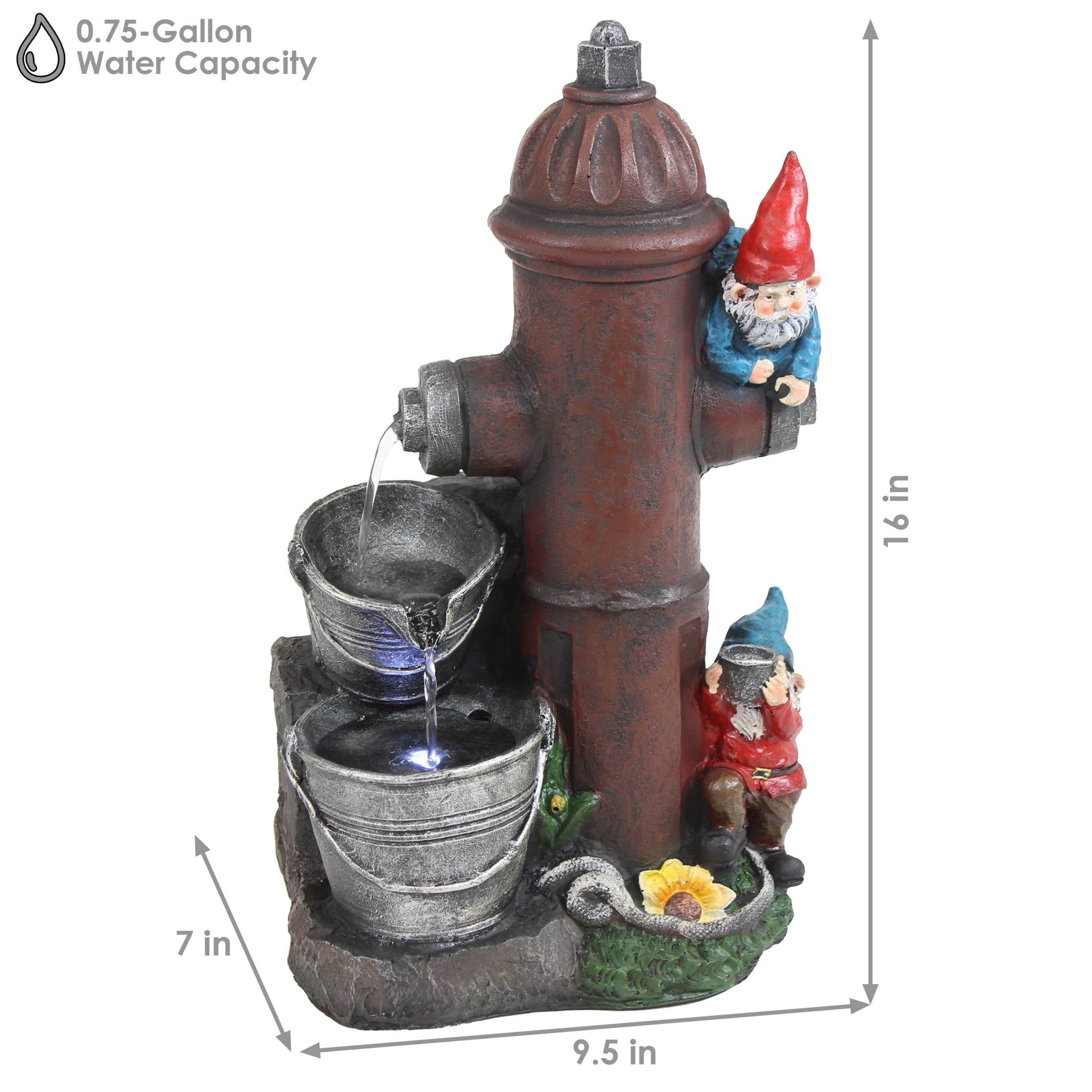 Sunnydaze Fire Hydrant Gnomes Polyresin Outdoor Water Fountain with Lights
