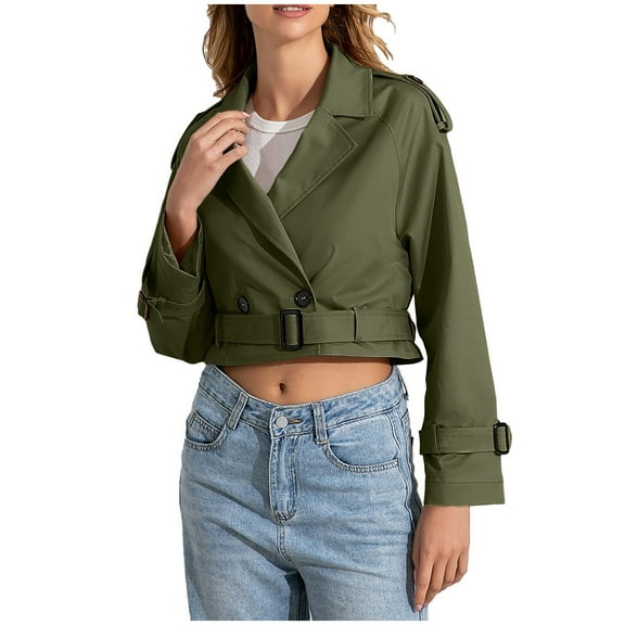 Womens Jackets Fall Lapel Cropped Jacket With Belt Solid Slim Double Breasted Short Trench 2025 Trendy Outfits