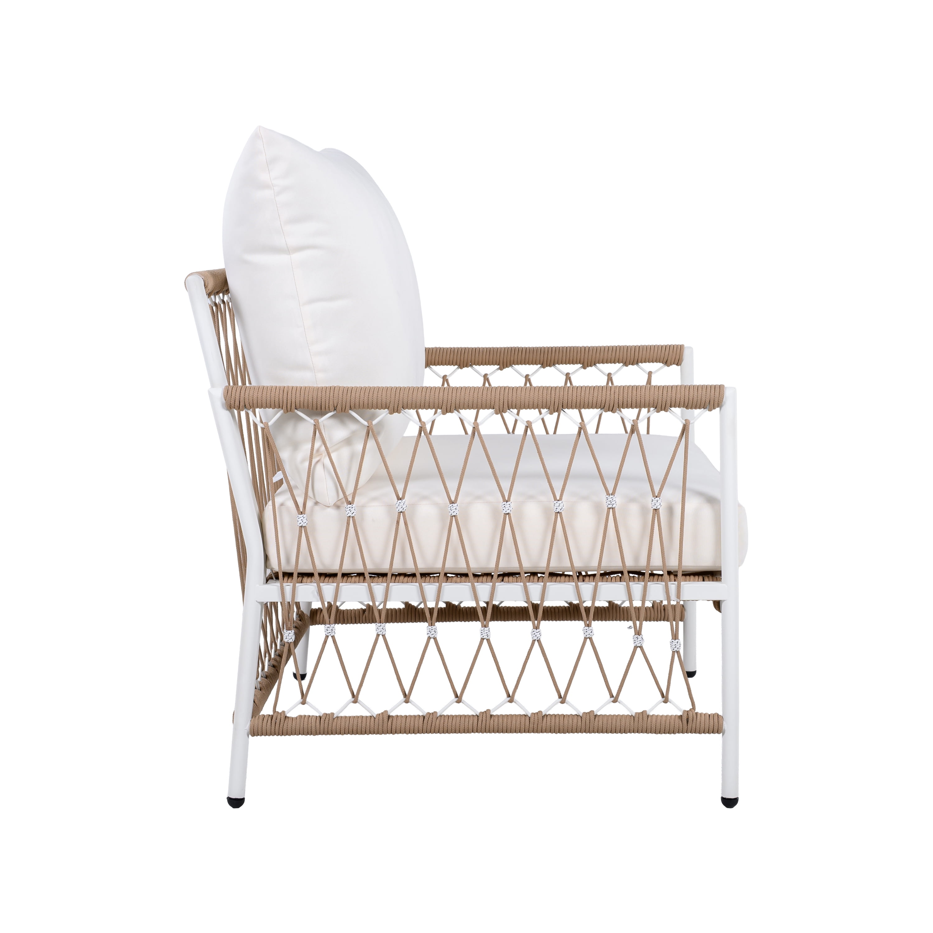 Bohemian Lounge Chair, Outdoor Chair with Handwoven Rope and Steel Frame for Patio Garden, Brown and Beige