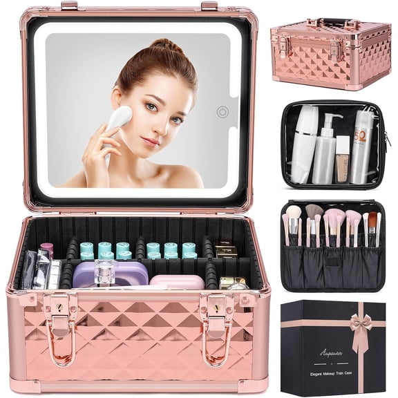 Makeup Box with Led Mirror,Travel Train Hard Case with Rechargeable Mirror Adjustable Dividers,Cosmetic Organizer Storage Bag for Makeup Artist,Appropriate Gift for Women Girls,Sparkling Rose Gold