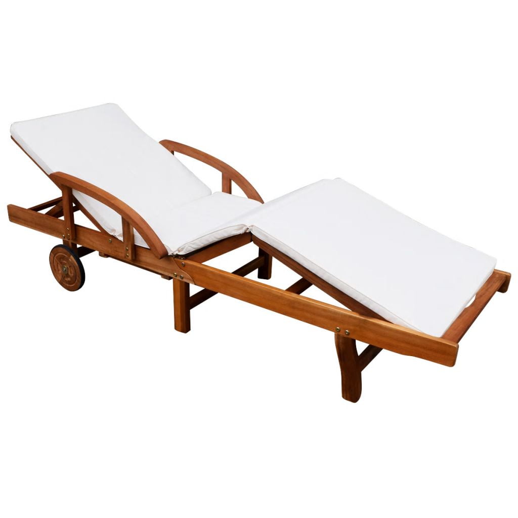 Lowestbest Sun Lounger with Cushion, Solid Wood Chaise Lounge Chair with 2 Wheels
