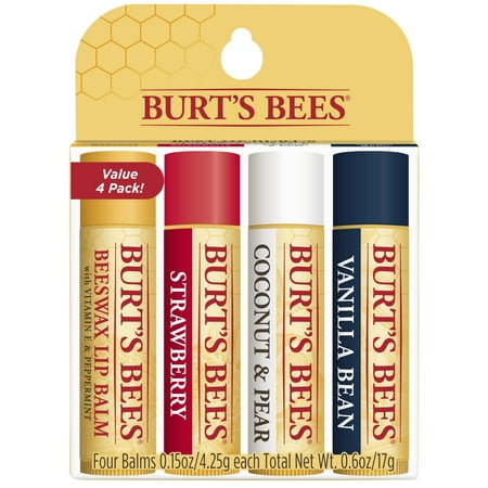Strawberry Makeup - Burt's Bees 100% Natural Moisturizing Lip Balm, Multipack - Original Beeswax, Strawberry, Coconut & Pear and Vanilla Bean with Beeswax & Fruit Extracts - 4 Tubes