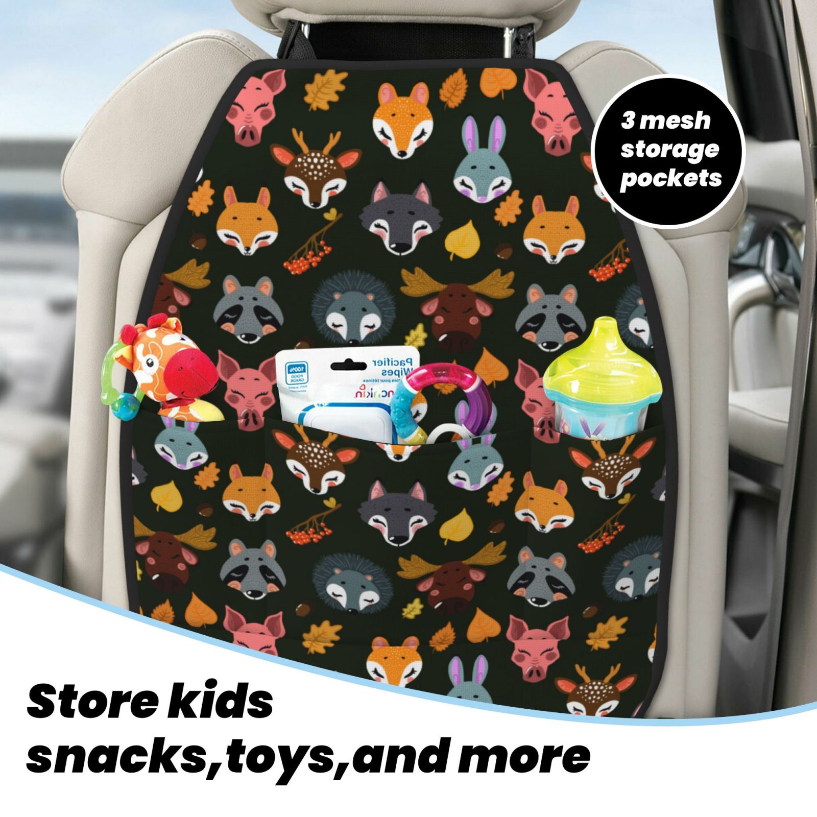 Xecao Forest Animal Faces Pattern Car Seat Back Protector 2 Pack Large Capacity Pocket, Kick Mats Back Seat Protector