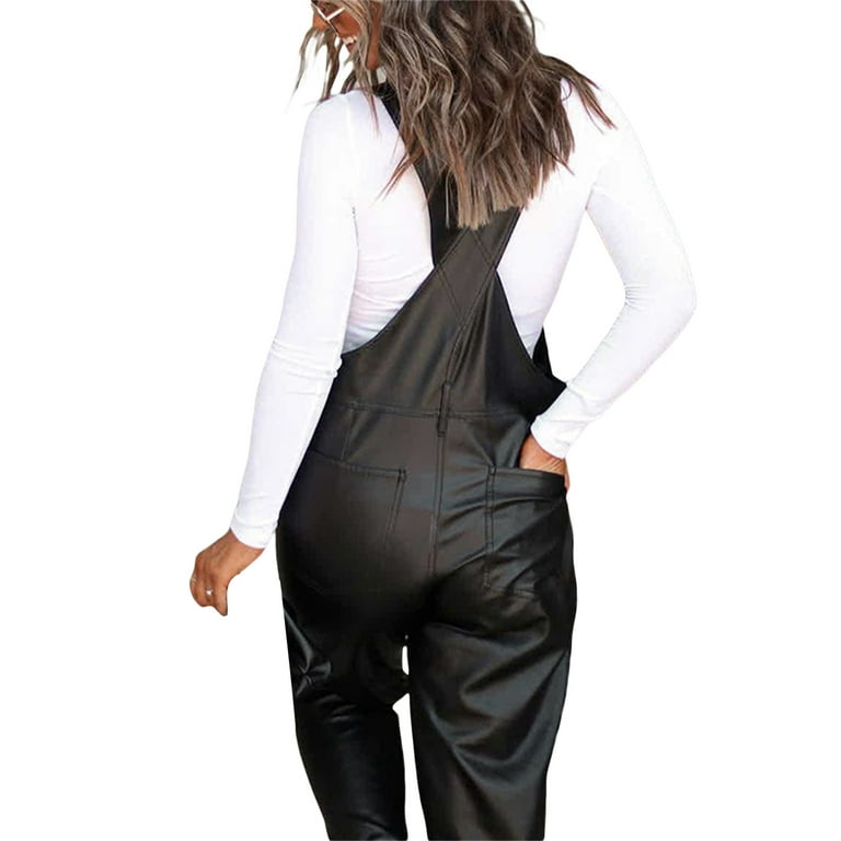 Black leather overalls deals women's
