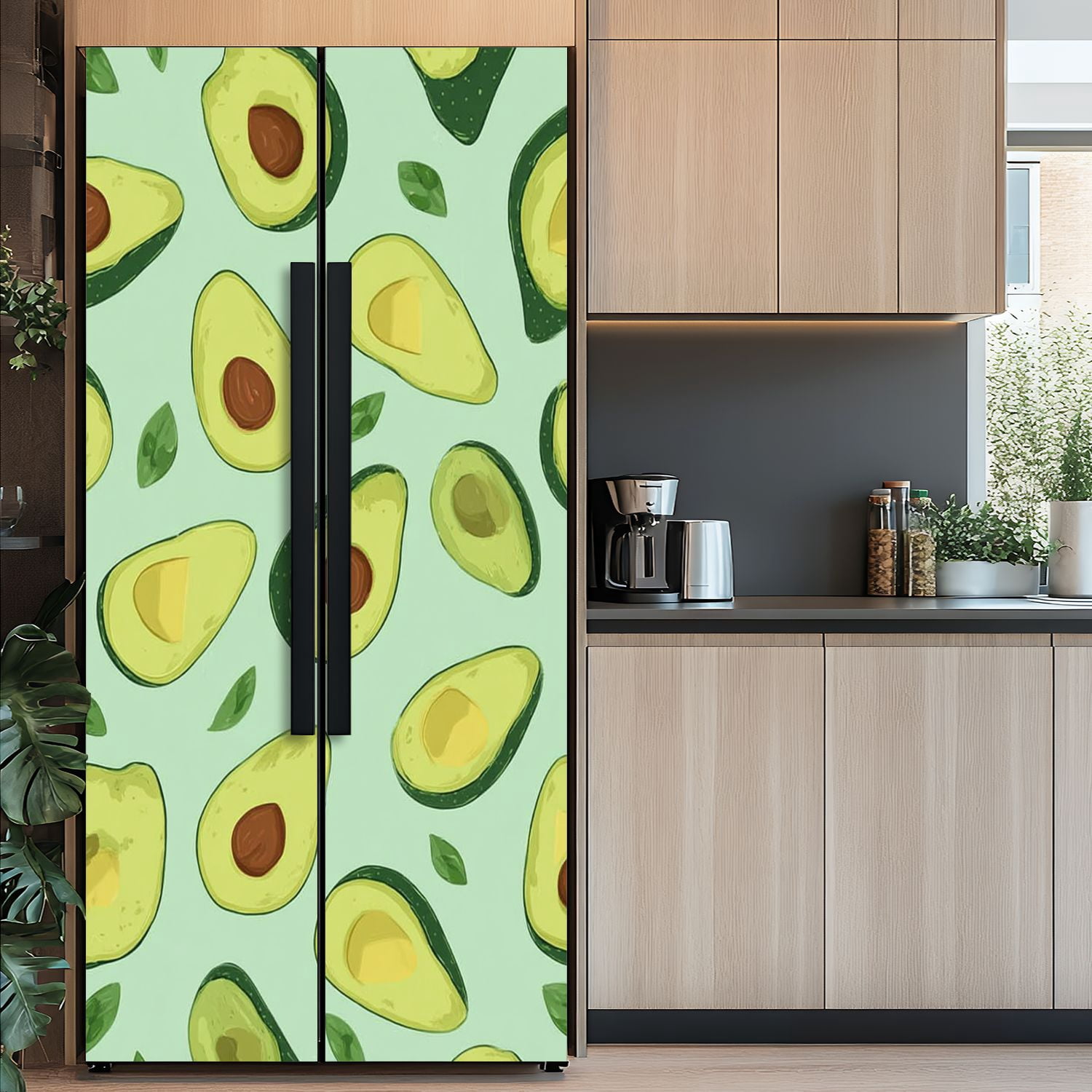 Self Adhesive Vinyl Refrigerator Wrap Set whole sliced avocado bright green Door Mural Removable Fridge Sticker Peel and Stick&nbsp;Full Door Cover Decal Kitchen Bar Decor