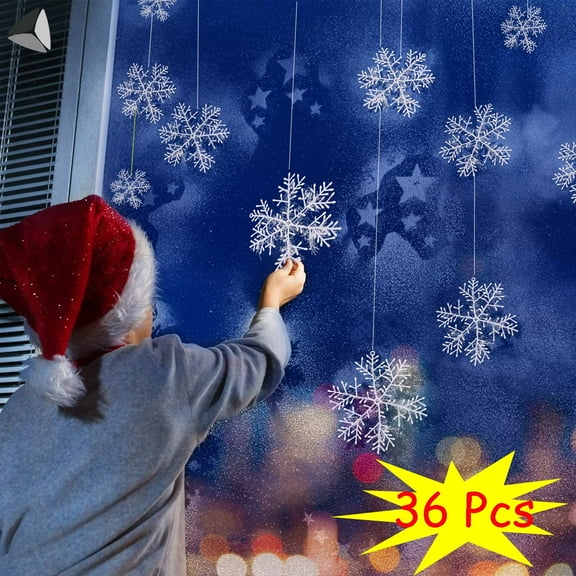 PULLIMORE 36 Pcs Christmas Hanging Snowflake Decorations Winter White Glitter Snowflake Ornaments for Window Xmas Tree Ceiling (4.3 inch)