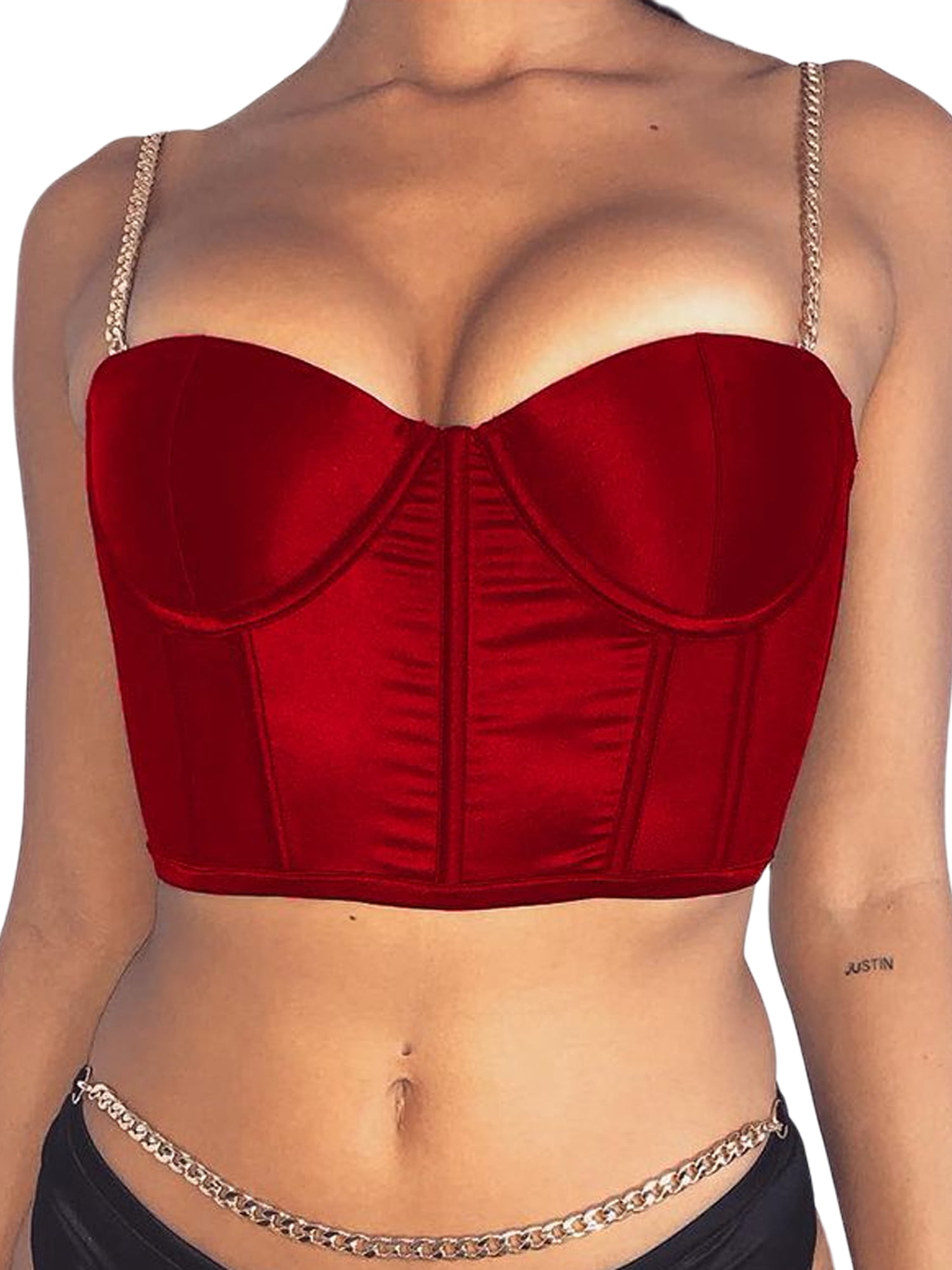 Bebiullo Bustier Top for Women Deep Neck Sleeveless Satin Vest Crop Tops Summer Clubwear Red S - Walmart.com