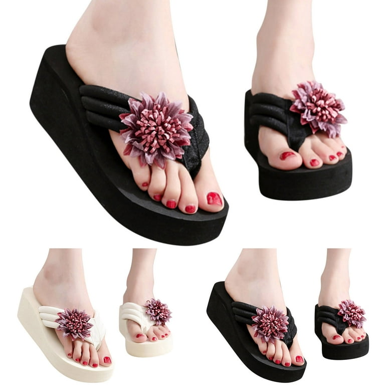 Daznico Womens Sandals Women Slippers Platform Thick Bottom Wedge Heel  Lightweight Flip Flops Flowers Solid Color Beach Shoes ( Black 7.5 ) 