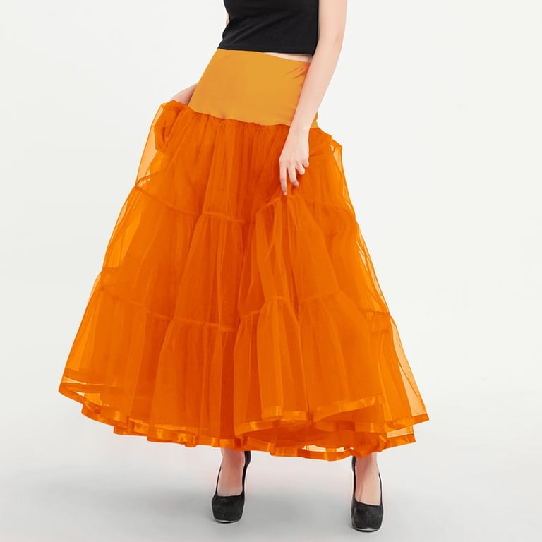 Qatainlav Women's Ankle Length Petticoats Bridal Wedding A Line Flowy Crinoline Underskirt Tulle Tutu Lace Maxi Skirts, Orange, XXL, Birthday Gifts,