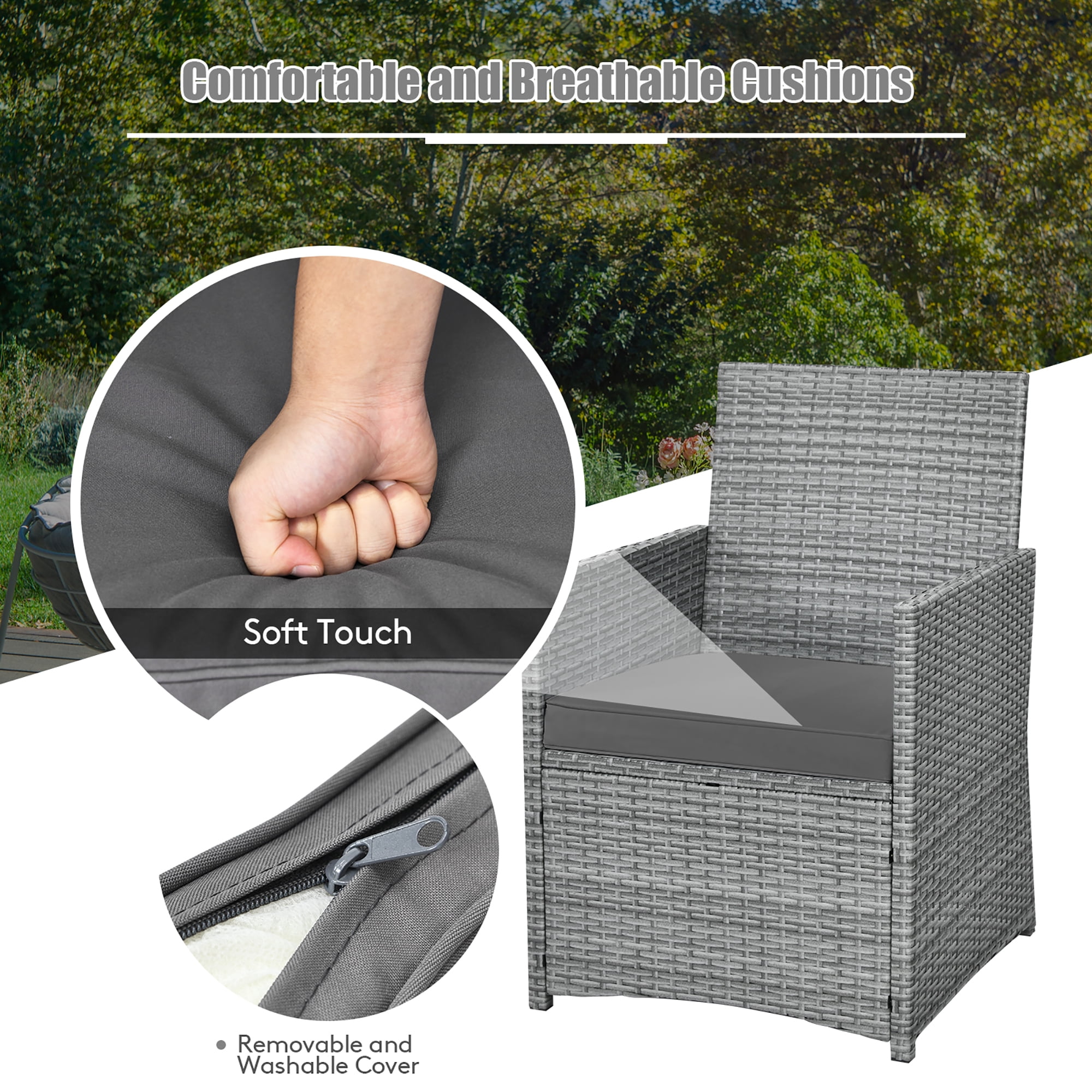 Costway 3PCS Patio Rattan Furniture Set Cushioned Sofa Armrest  Garden Gray