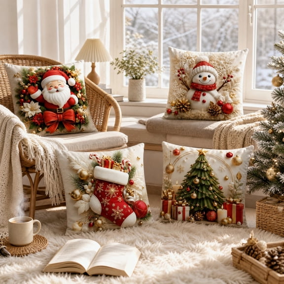 Square Throw Pillow Set of 4 Polyester with textured cover for sofa accent, Great for bed styling