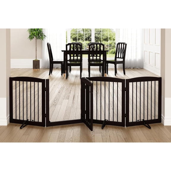 Freestanding Dog Gate with Door, Pet Gate for Stairs, 80 inch Wide Pet Barrier Indoor, Dog Fences Indoor, Support Feet Included, 4 Panels, 24" Tall, Dark Brown