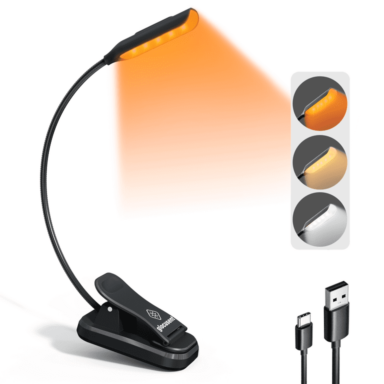 Glocusent Mini Rechargeable 10 LED Amber Book Light for Reading in Bed, Eye-Care Clip Reading Light Up to 80 Hrs, 3 Dimmable Brightness x 3 Color Modes, Perfect Book Light