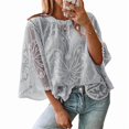 thumbnail image 2 of Women Lace Embroidered Blouse Batwing Short Sleeve Peplum Loose Casual Top Gray M, 2 of 7