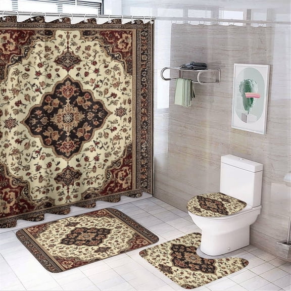 Bohemia Shower Curtain Set 4PCs with Hooks Waterproof Bathroom Toilet Mat Lid Decor