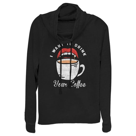 Junior's CHIN UP Halloween Want Your Coffee Cowl Neck Sweatshirt Black Small