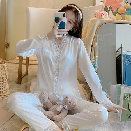 

PIKADINGNIS Lace V-neck Pajamas Set Spring Autumn Womens Satin Long Sleeve Pajamas Set Loose Adult Silk Women Sleepwear Set Soft Home Set