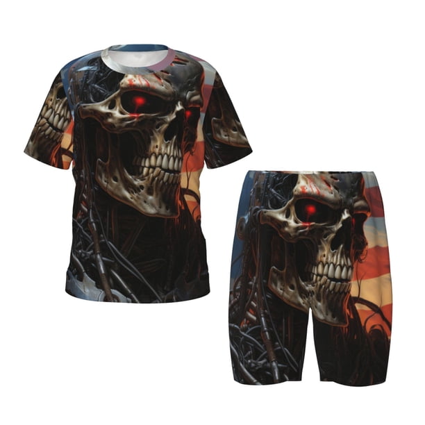 Fotbe Cyberpunk Skull American Flag Pijama Estampada de 2 Piezas para Niños – Ropa de Dormir de Manga Corta Cómoda para Niños y Niñas, Camiseta y Shorts de Algodón-Large