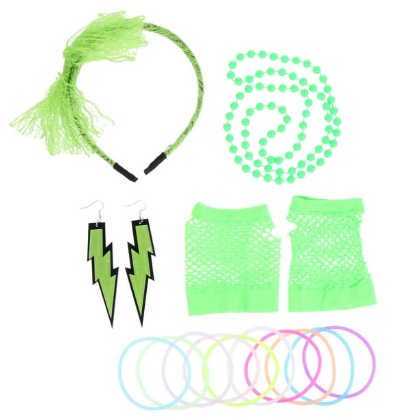 KAKOWELY 1 juego de collar, pendientes, diadema de encaje, guantes de rejilla y disfraz de fiesta con temática de neón.