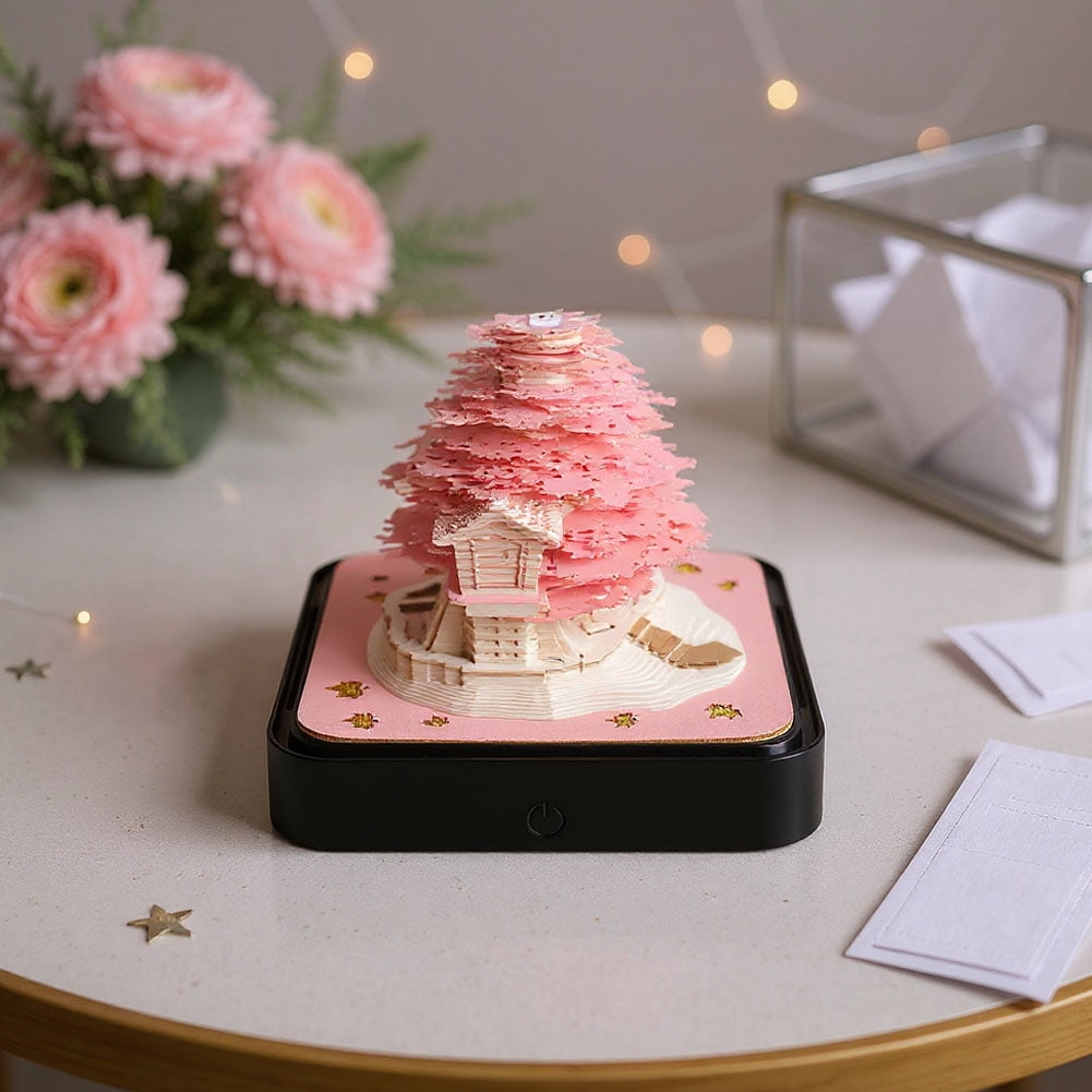 3D Desk Calendar 2026 with LED Lights, 3D Art Calendar Memo Pad 2026, Tear-Away 3D Paper Art Notepad, Romantic Tree House Desktop for Christmas New Year Gifts (Pink)